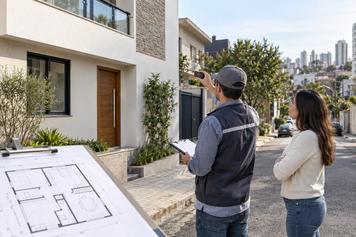 Profissional confere medidas da fachada para regularização imobiliária