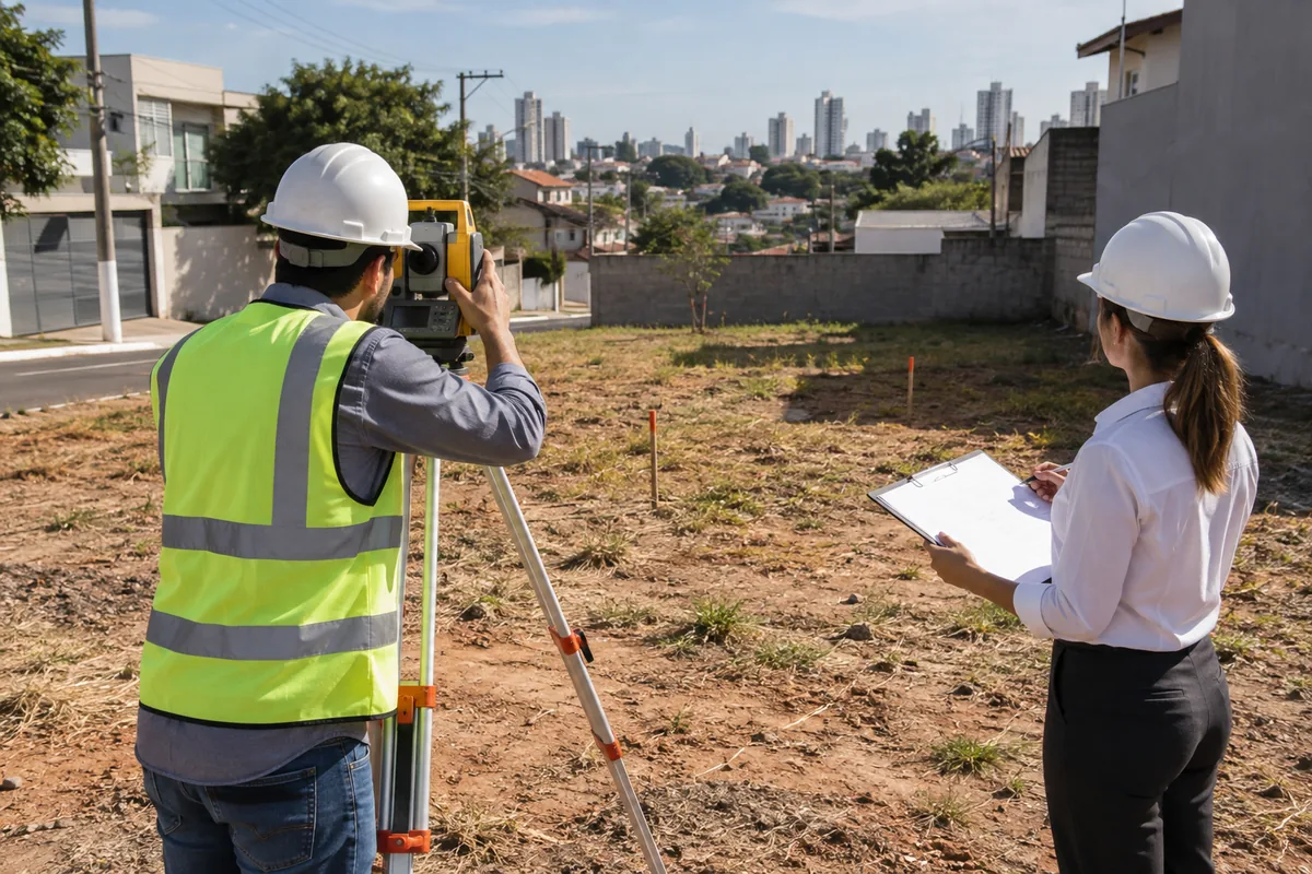 Topógrafo e arquiteta realizam levantamento de lote antes do projeto da obra