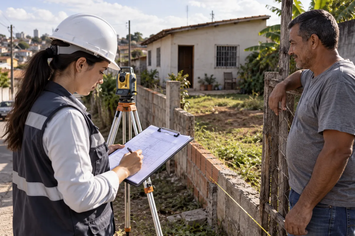 Engenheira mede terreno e confere divisas para usucapião extrajudicial