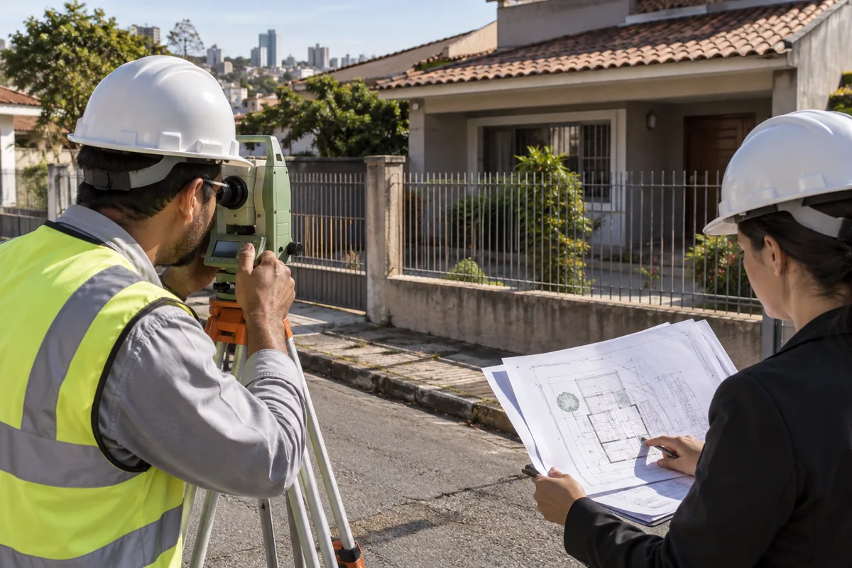 Agrimensor mede imóvel urbano para elaborar planta e memorial descritivo