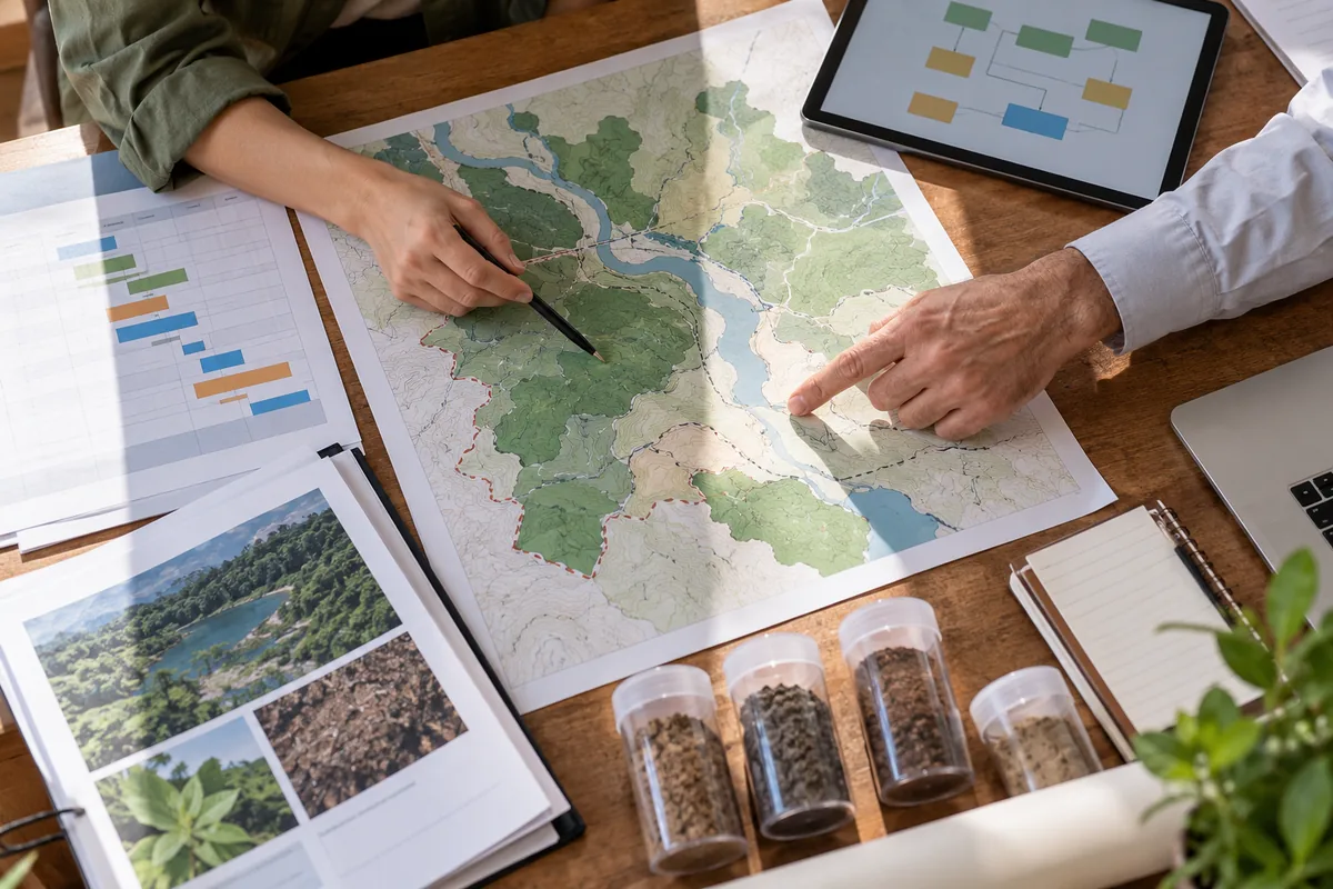 Profissionais analisam mapa estudos ambientais e cronograma do licenciamento