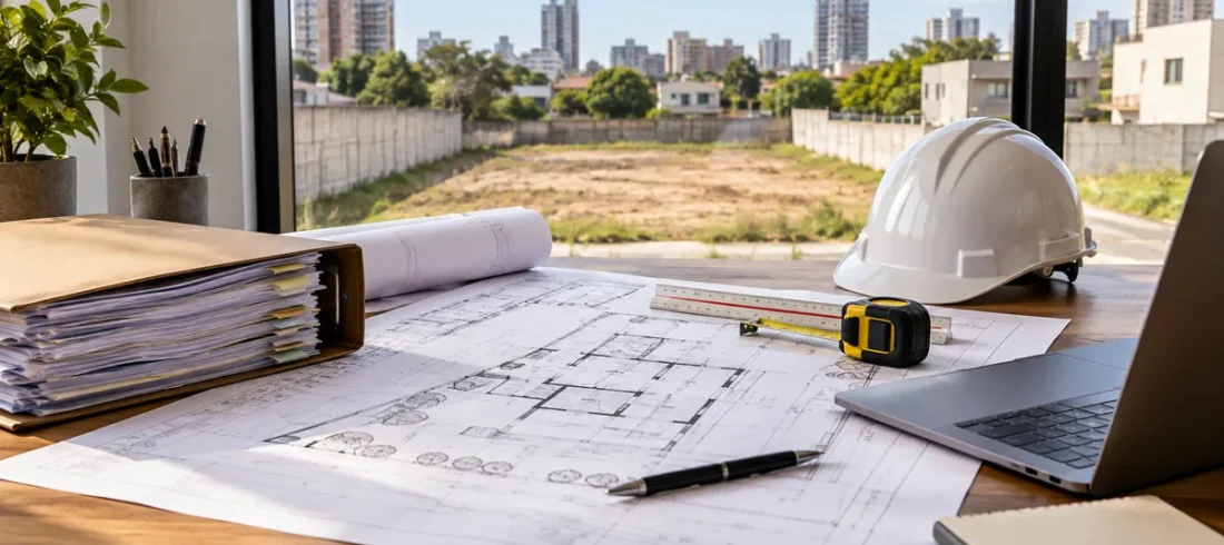 Licenciamento de obras – preview Planta, pasta de documentos e capacete diante de lote destinado a construção