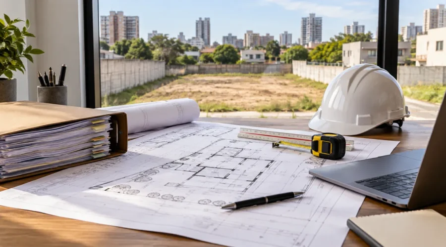 Planta, pasta de documentos e capacete diante de lote destinado a construção