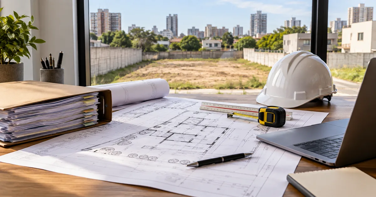 Planta, pasta de documentos e capacete diante de lote destinado a construção