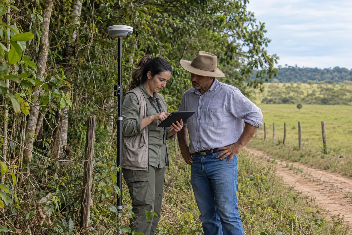 Engenheira florestal e proprietário conferem limite de mata com equipamento GNSS