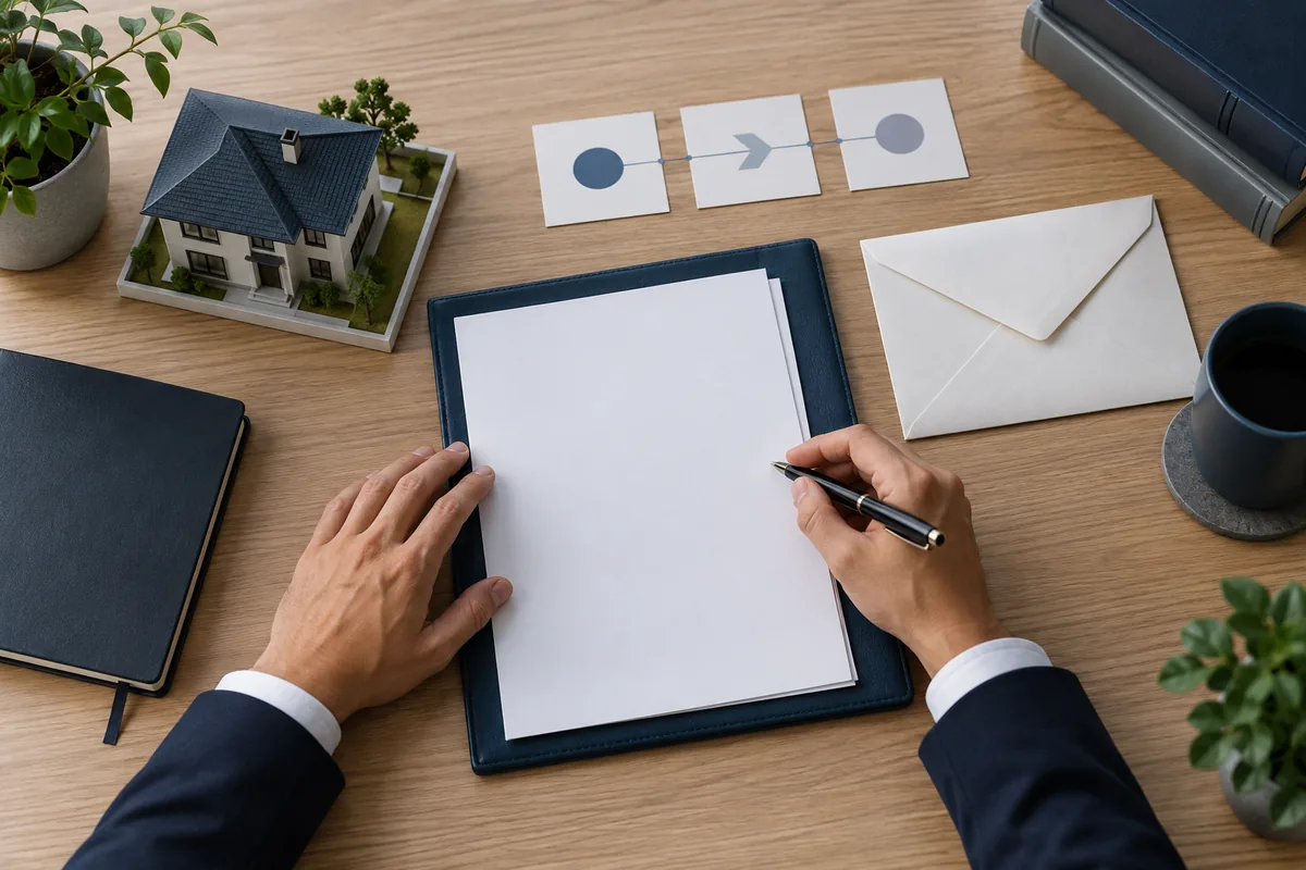 Documentos, envelope e modelo de casa organizados em linha do tempo de leilão