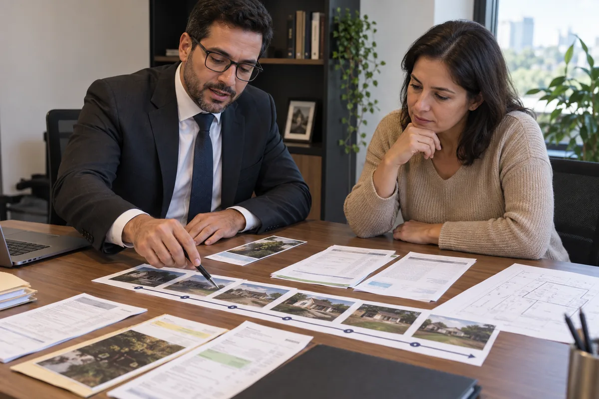 Advogado e cliente organizam documentos e fotografias da posse do imóvel