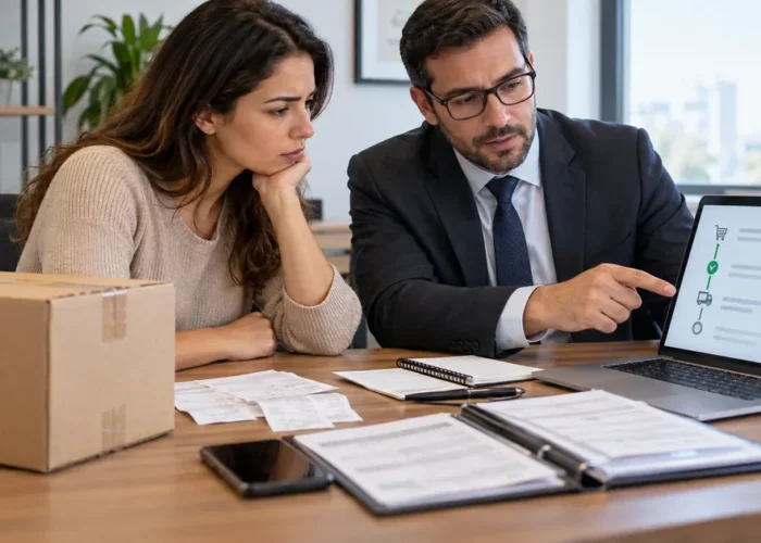 Consumidora e advogado analisam compra online e documentos