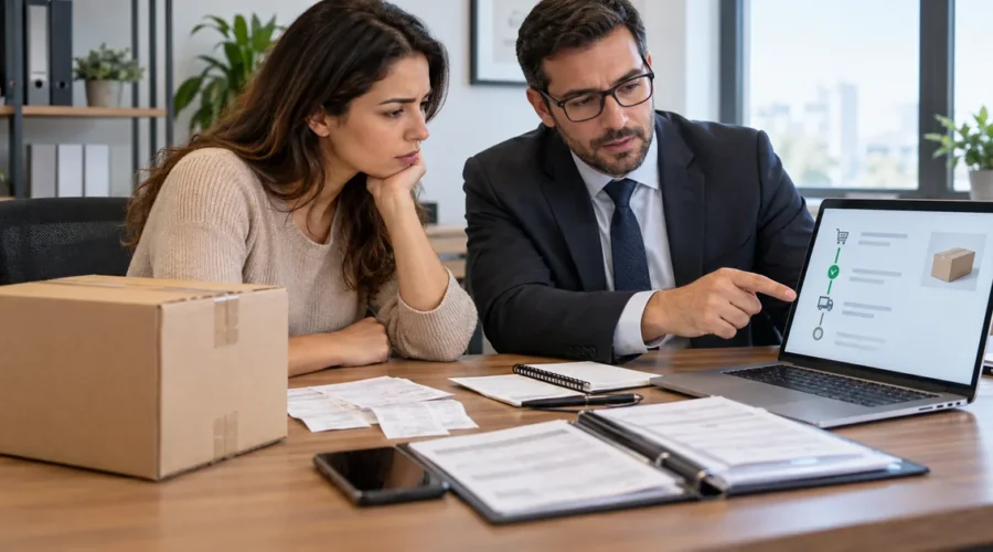 Consumidora e advogado analisam compra online e documentos