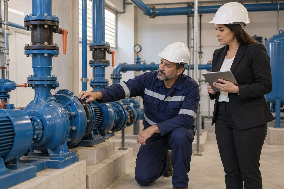 Engenheiro e gestora inspecionam equipamentos do condomínio