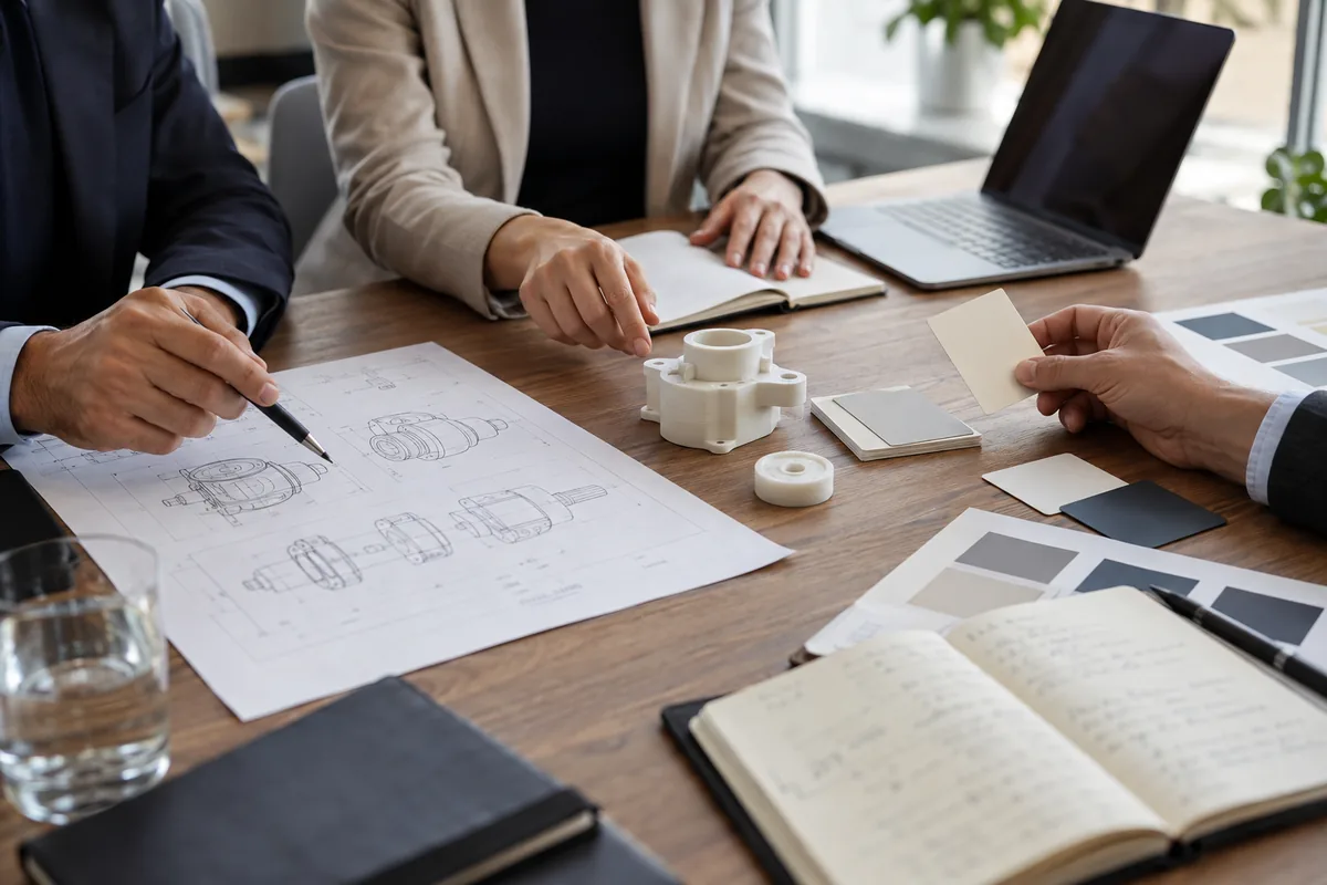 Profissionais analisam desenho técnico, protótipo e identidade visual