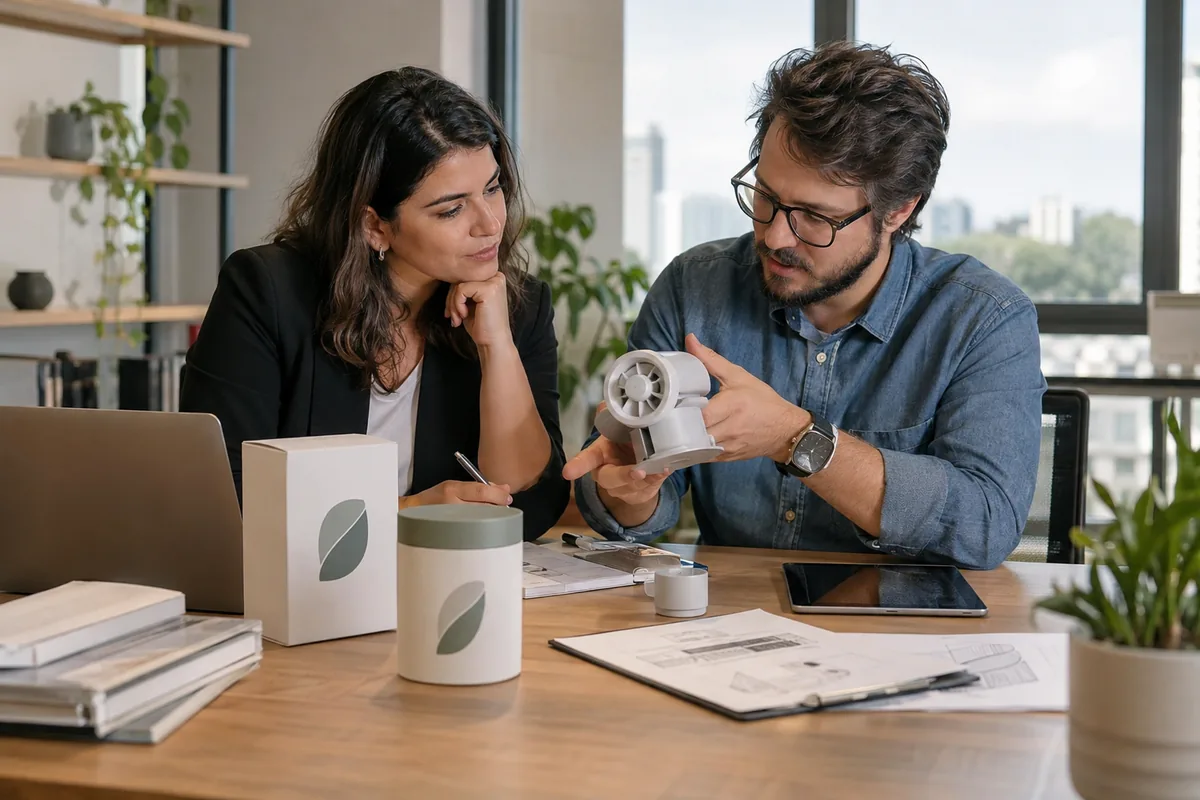 Empreendedora e engenheiro com protótipo e embalagem neutra em reunião