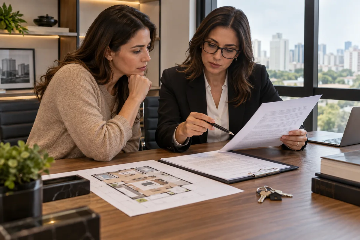 Compradora e advogada analisam contrato, matrícula e planta do imóvel
