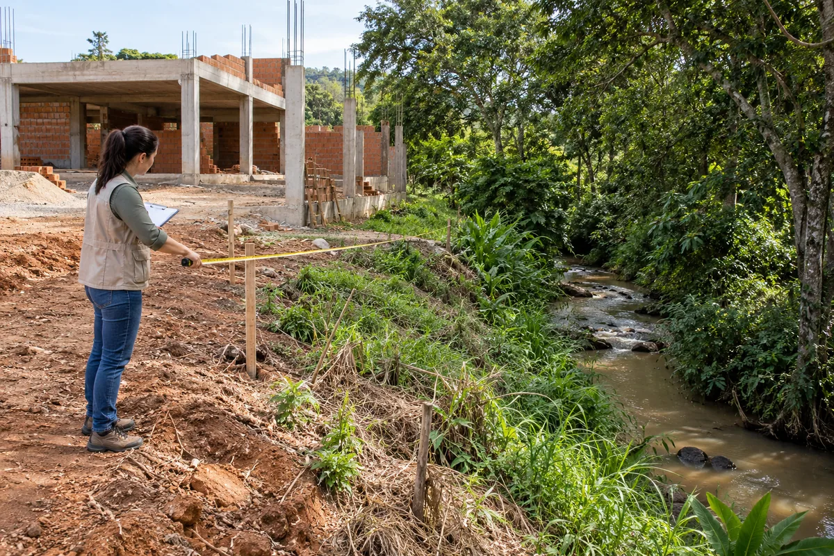 Engenheira mede distância entre construção e córrego cercado por vegetação