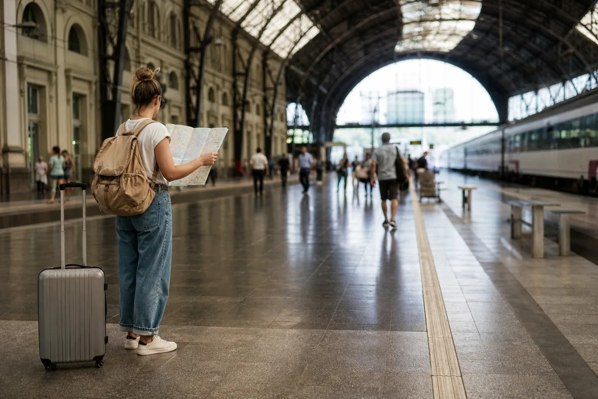 Viajante consulta mapa em estação ferroviária europeia