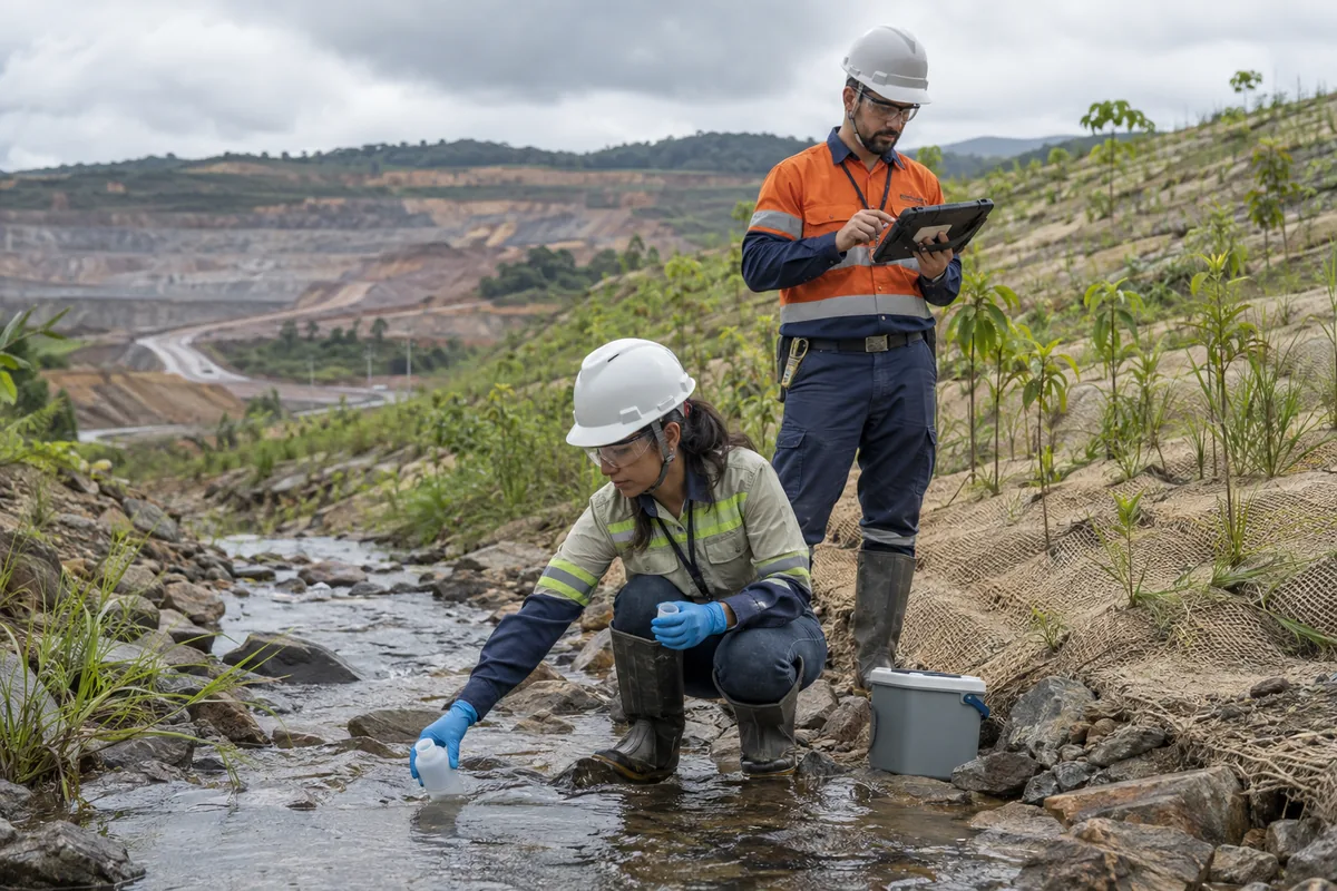 Profissionais coletam água e monitoram revegetação em área minerada