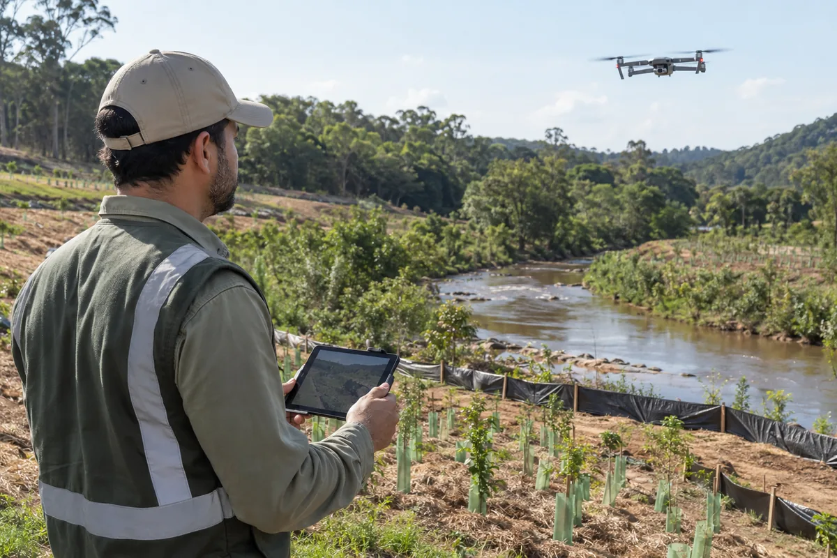 Técnico monitora recuperação de mata ciliar com drone e tablet