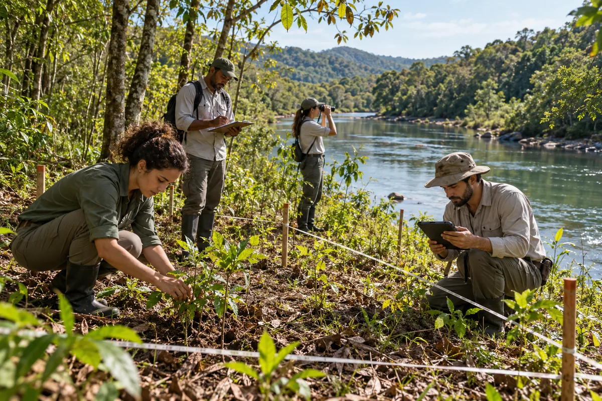 Equipe monitora restauração de mata ciliar junto a rio