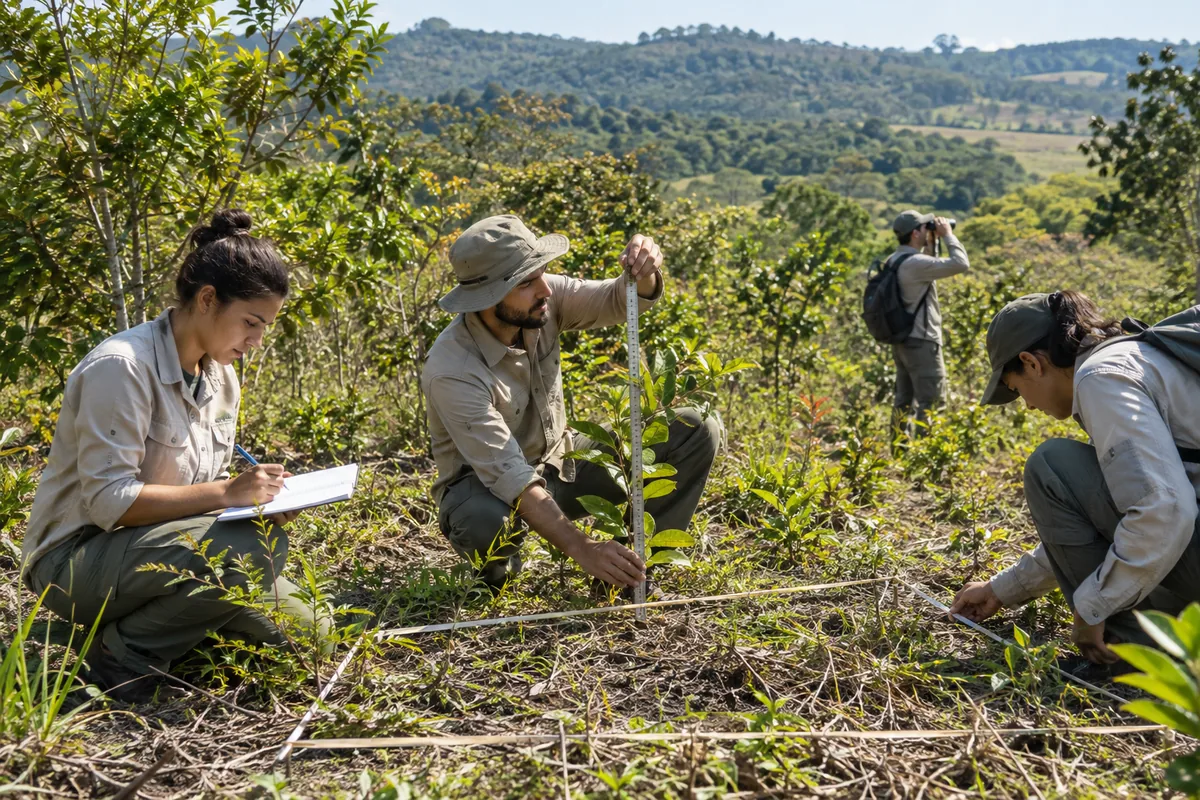 Equipe mede mudas e cobertura do solo em área de restauração ecológica