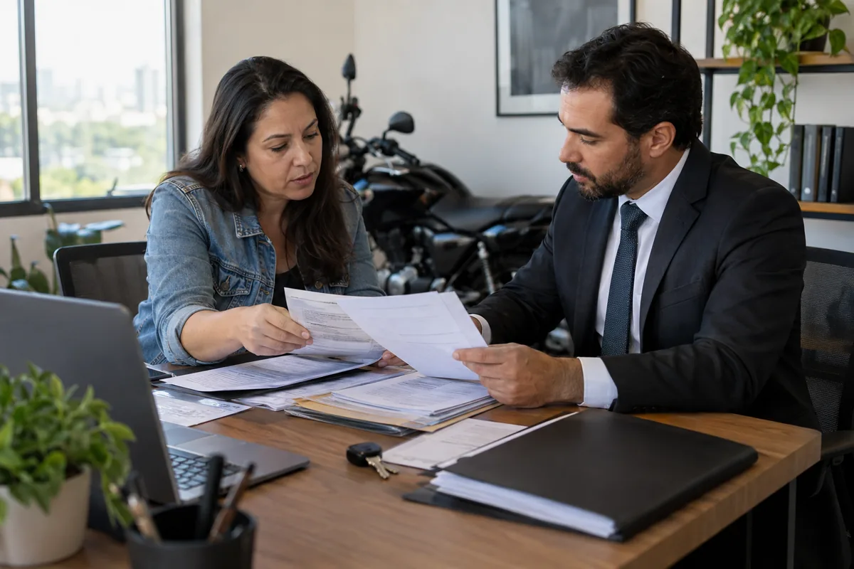 Cliente e advogado analisam documentos de compra e manutenção de motocicleta