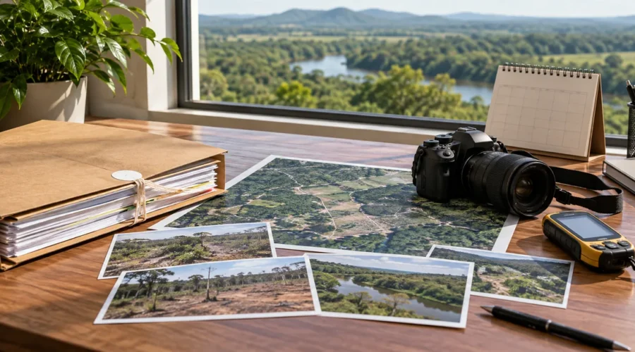 Pasta, mapa, fotografias, câmera e GPS organizados para análise ambiental