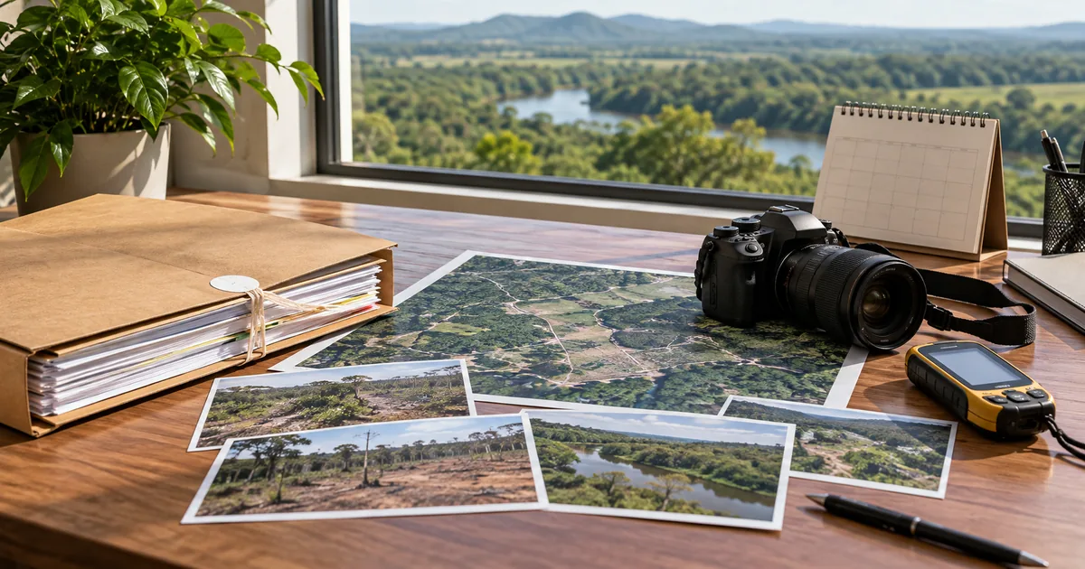 Pasta, mapa, fotografias, câmera e GPS organizados para análise ambiental