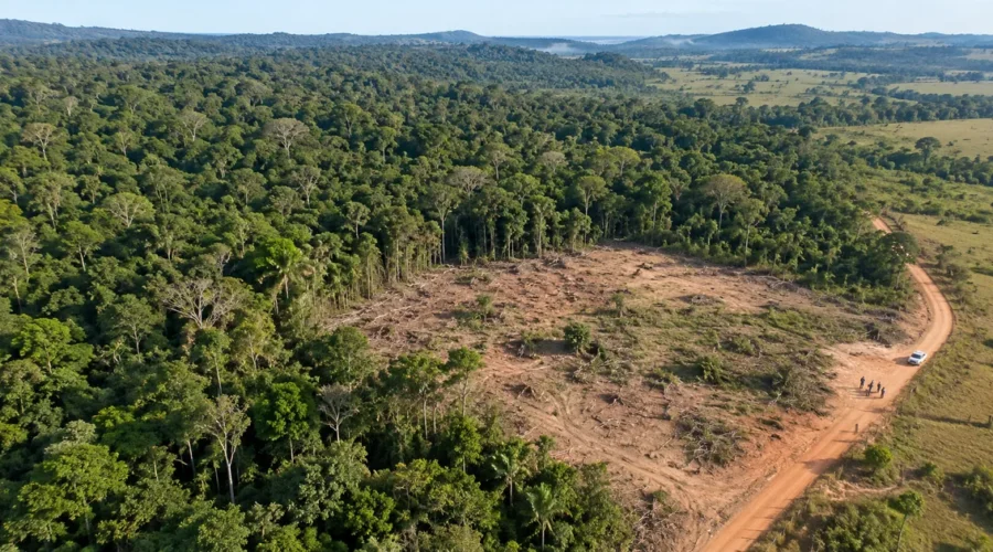 Vista aérea de clareira e equipe de inspeção ao lado da floresta