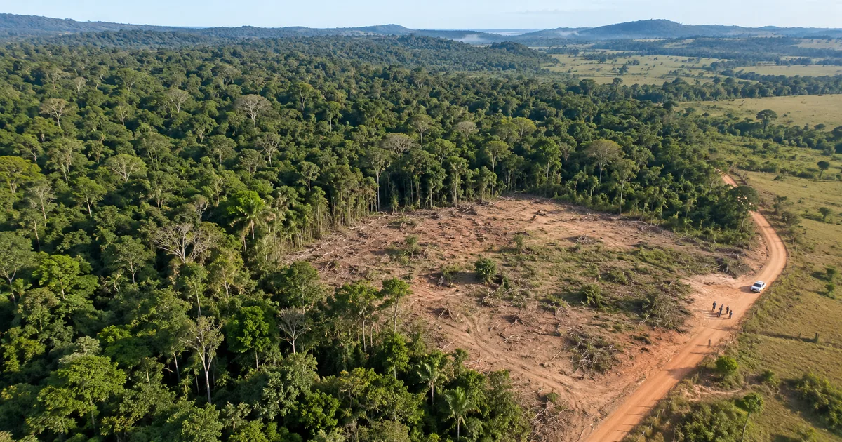 Vista aérea de clareira e equipe de inspeção ao lado da floresta