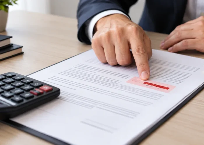 Contrato com cláusula de multa destacada ao lado de calculadora