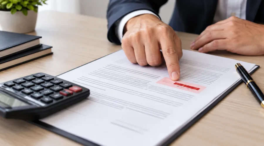 Contrato com cláusula de multa destacada ao lado de calculadora