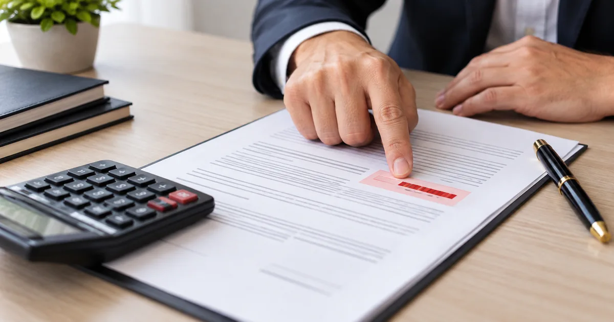 Contrato com cláusula de multa destacada ao lado de calculadora