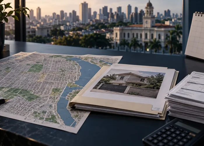 Mapa urbano, imóvel e documentos representam execução fiscal municipal