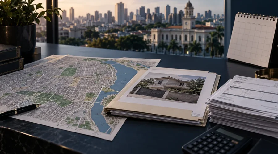 Mapa urbano, imóvel e documentos representam execução fiscal municipal