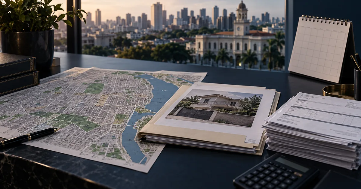 Mapa urbano, imóvel e documentos representam execução fiscal municipal