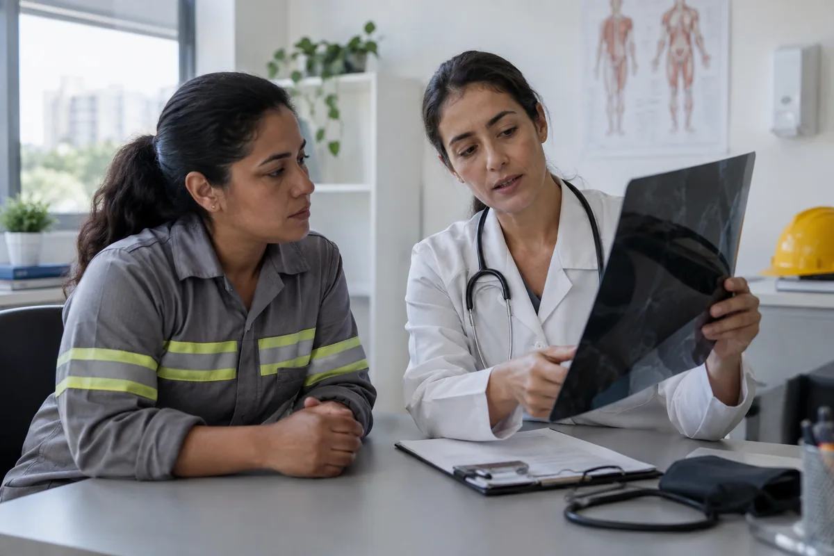 Trabalhadora conversa com médica durante avaliação de doença ocupacional