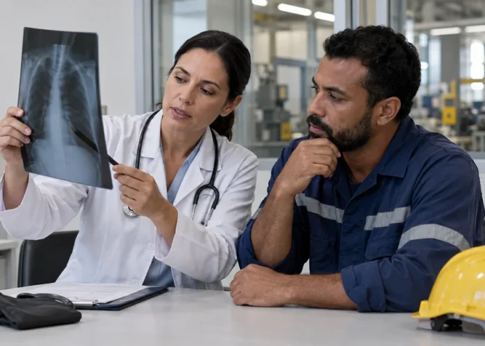 Médica e trabalhador analisam exame relacionado às condições de trabalho