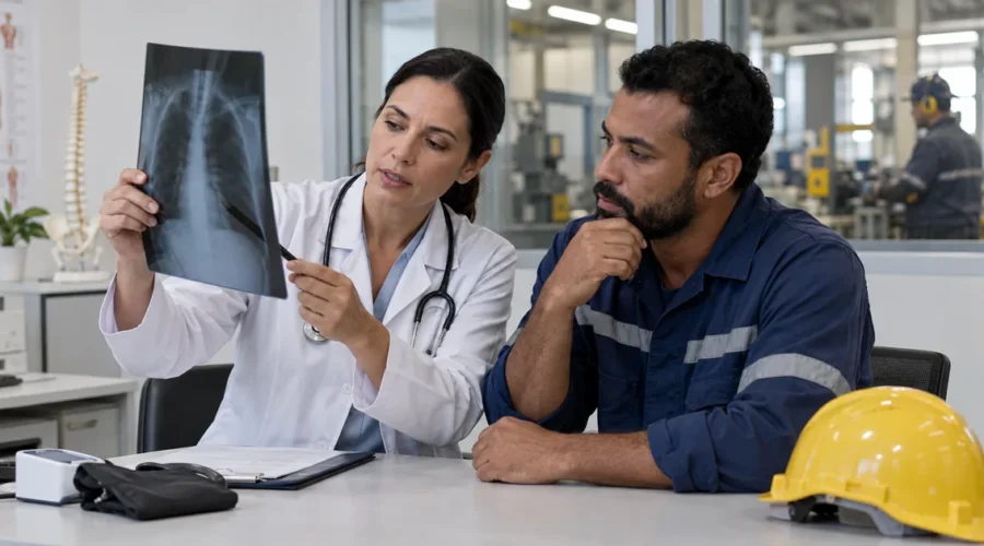 Médica e trabalhador analisam exame relacionado às condições de trabalho