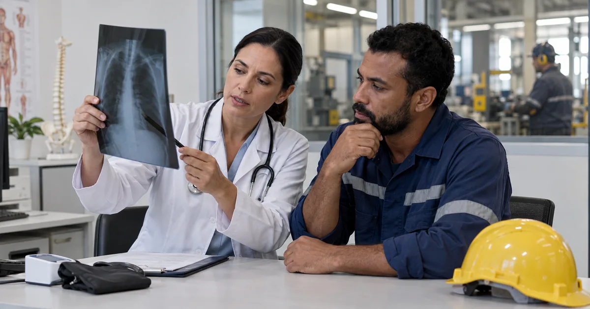 Médica e trabalhador analisam exame relacionado às condições de trabalho