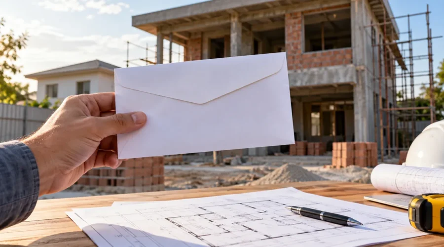 Envelope de notificação diante de obra e plantas arquitetônicas