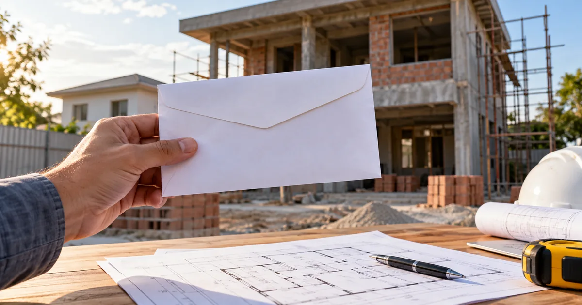 Envelope de notificação diante de obra e plantas arquitetônicas