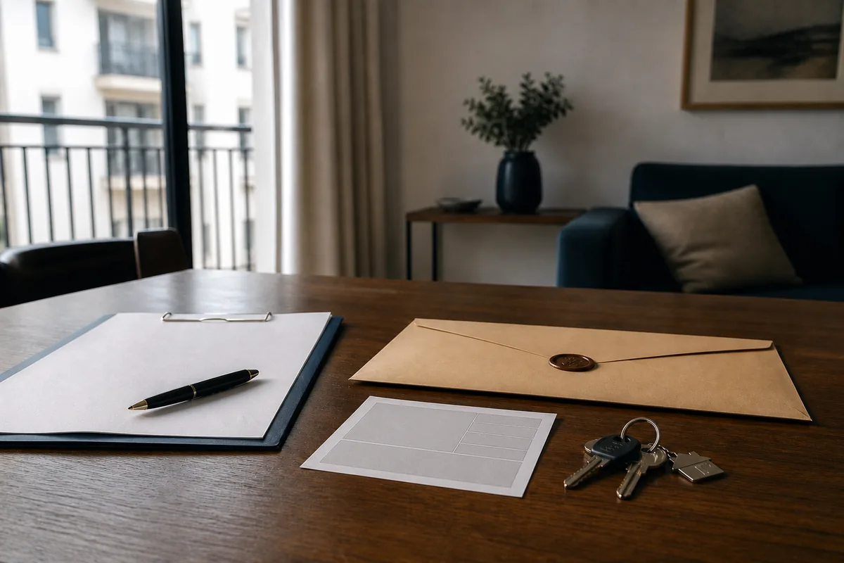 Contrato de locação, envelope de notificação, comprovante de entrega e chaves sobre uma mesa