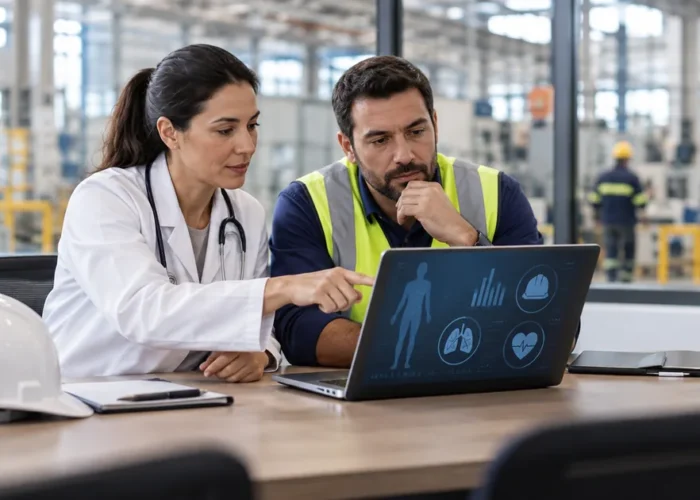 Profissionais analisam dados de saúde ocupacional próximos ao ambiente de trabalho