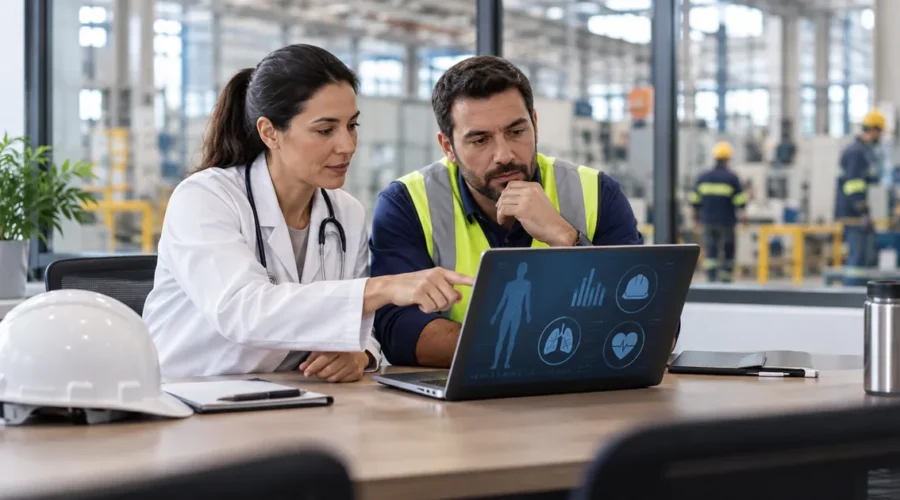 Profissionais analisam dados de saúde ocupacional próximos ao ambiente de trabalho
