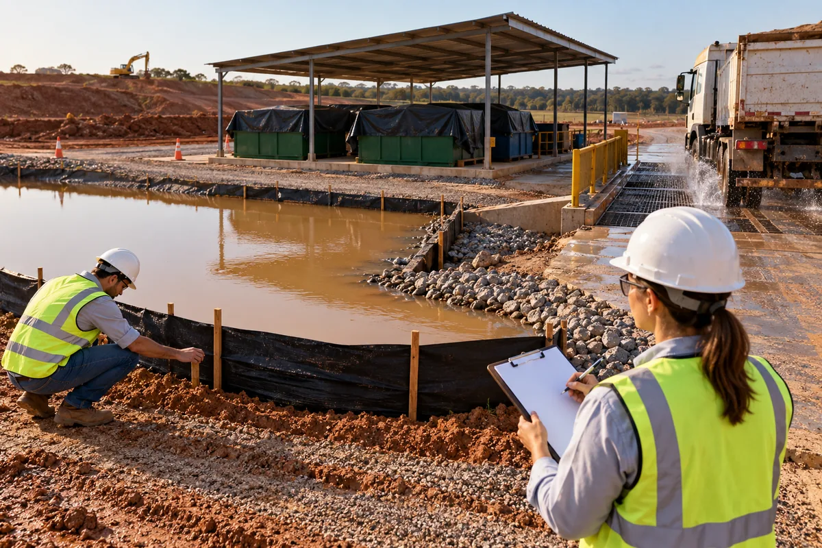 Equipe inspeciona contenção de sedimentos resíduos e lavagem de rodas em obra