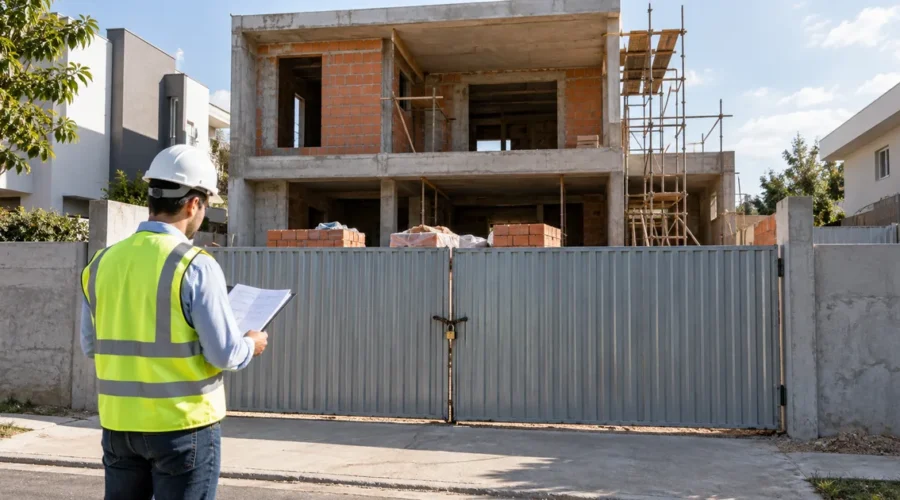 Profissional confere documentos diante de obra residencial fechada e paralisada