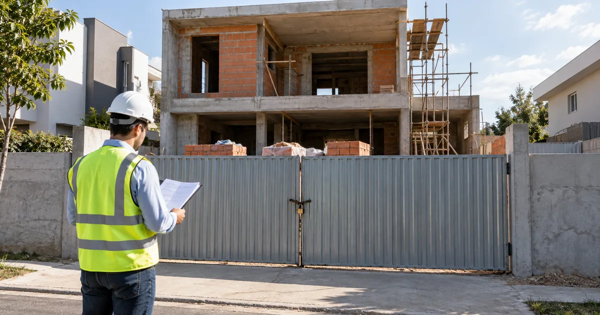 Profissional confere documentos diante de obra residencial fechada e paralisada