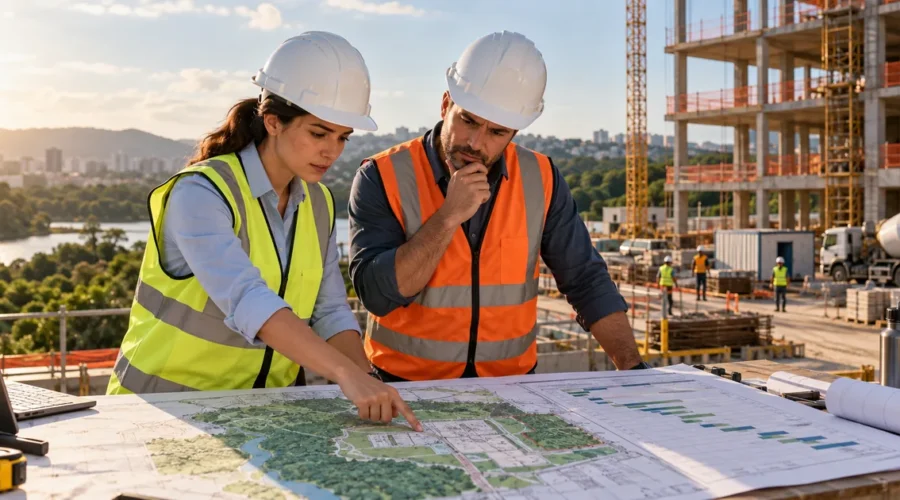 Engenheiros analisam mapa e cronograma ambiental de obra