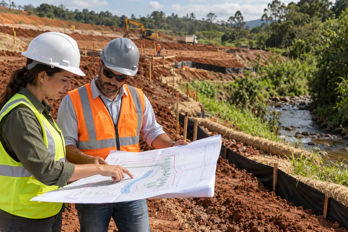 Engenheira e responsável da obra analisam drenagem e limites ambientais do canteiro
