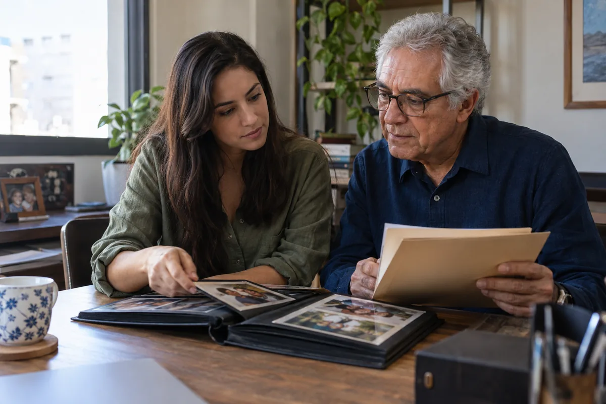 Filha adulta e padrasto analisam álbum de família e documentos