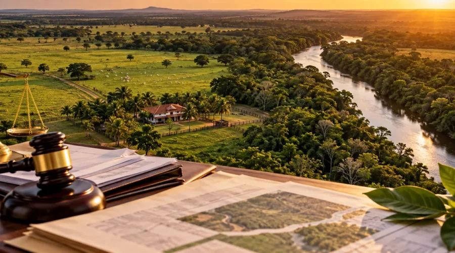 Propriedade rural, documentos e balança sobre passivo ambiental